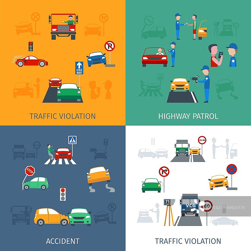 违反交通规则设计概念，包含道路事故扁平图标矢量素材。交通违规集图片素材