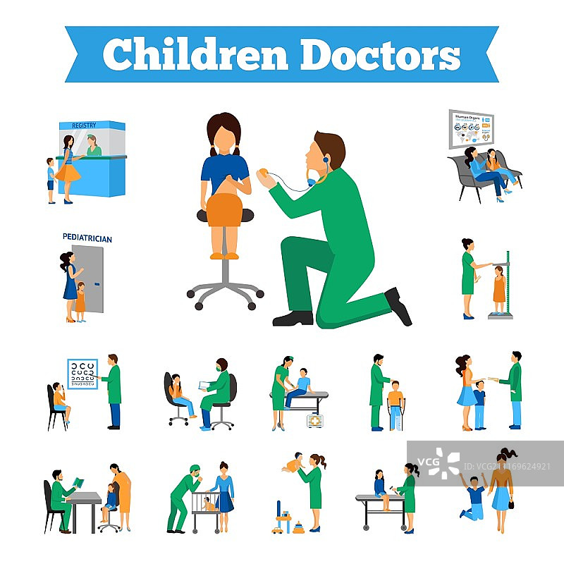 儿童医生和小病人扁平图标集矢量图图片素材