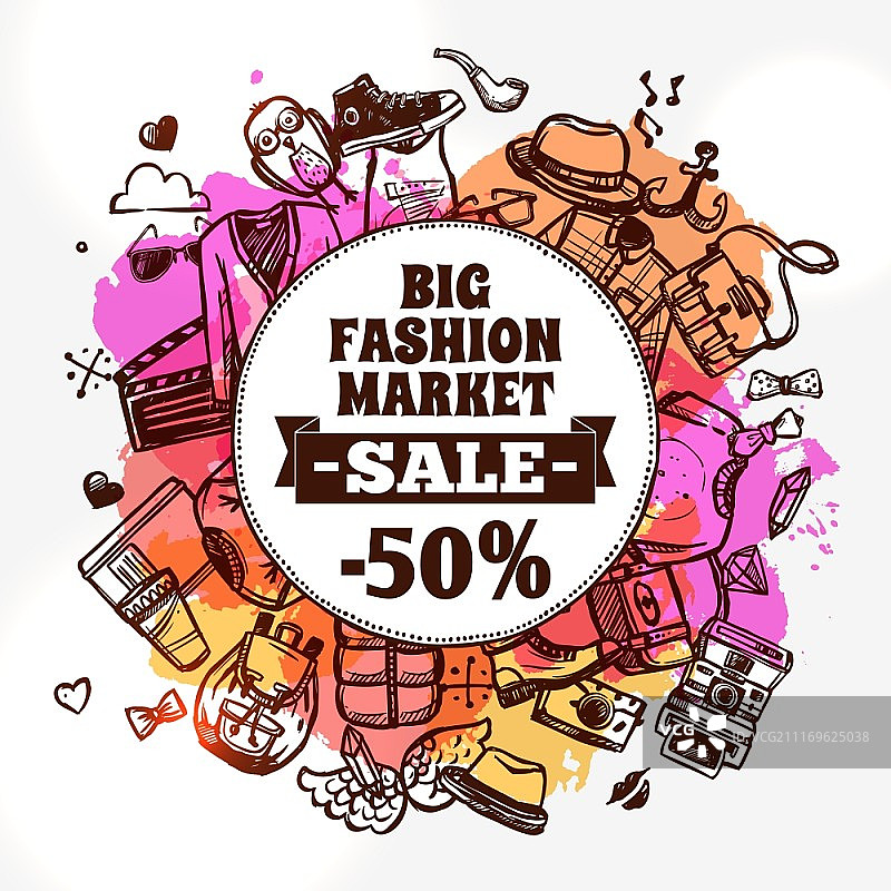 时尚服装折扣涂鸦图标，圆形构图的时尚服装大卖场促销banner涂鸦抽象矢量图图片素材