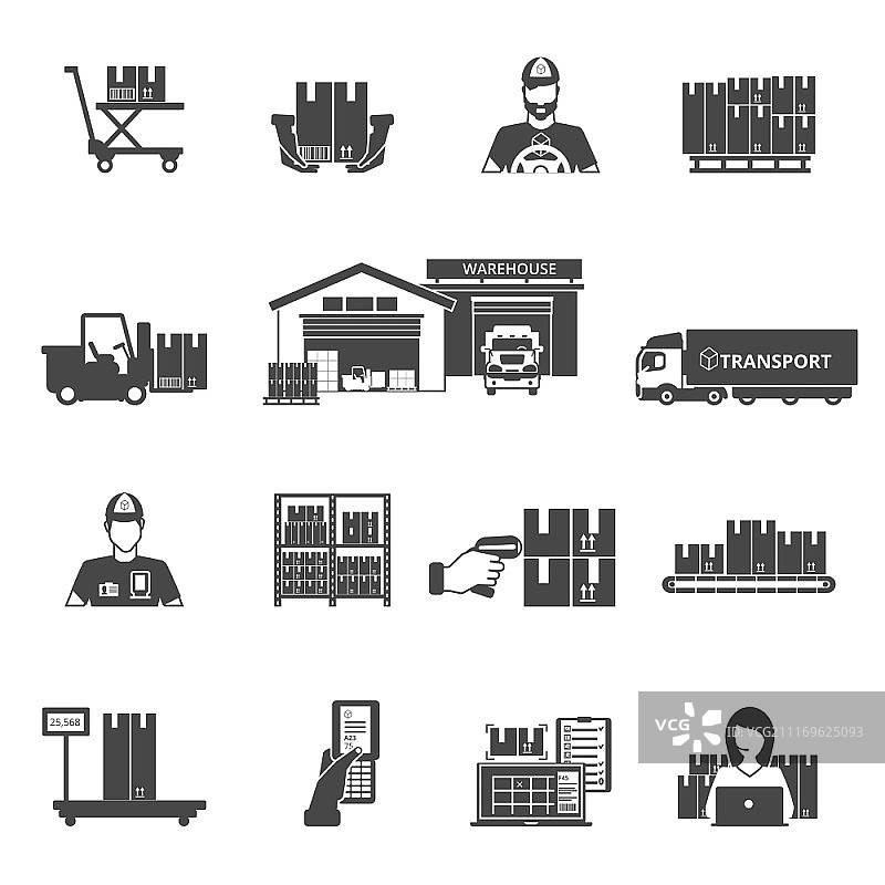 存储图标集。包含运输和排序符号的黑白存储和物流图标集，扁平隔离矢量图图片素材