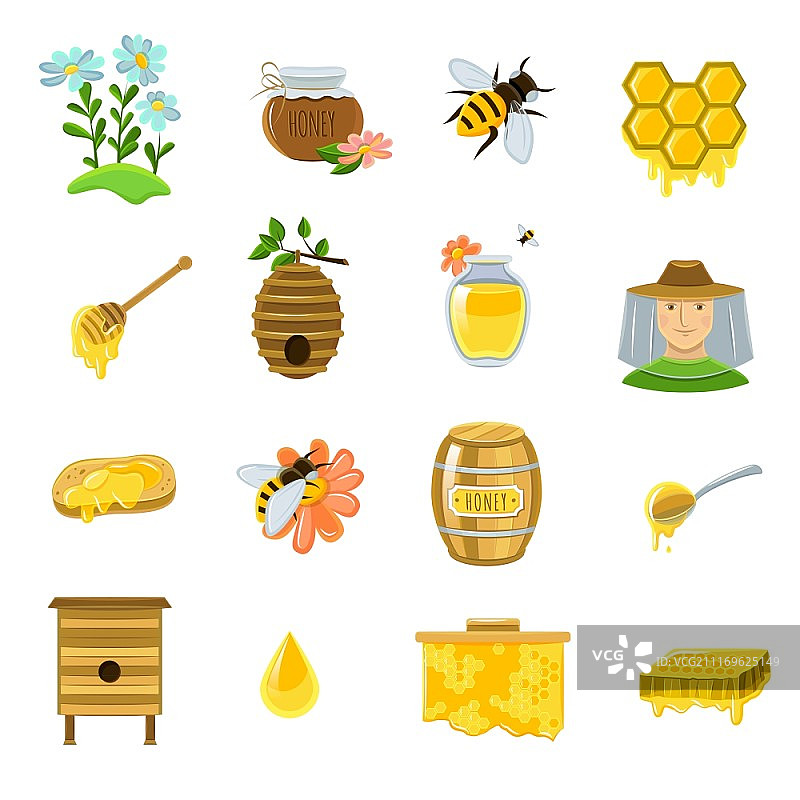 蜂蜜图标集：蜜蜂、鲜花和蜂蜜产品图片素材