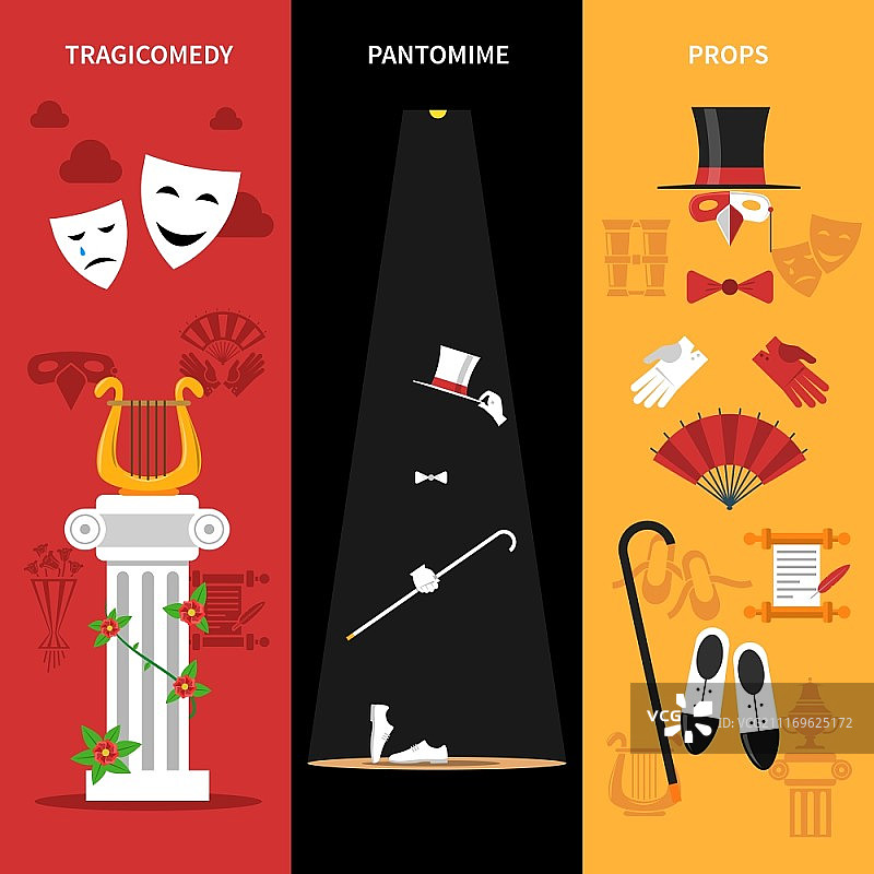 戏剧表演banner套装：含悲喜剧哑剧和道具符号的竖版banner，扁平风格矢量插画图片素材