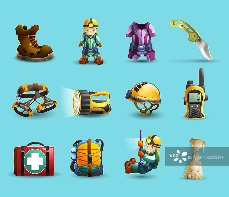 洞穴探险3D图标集：洞穴学家设备与防护服数字勘测3D图标抽象矢量图图片素材