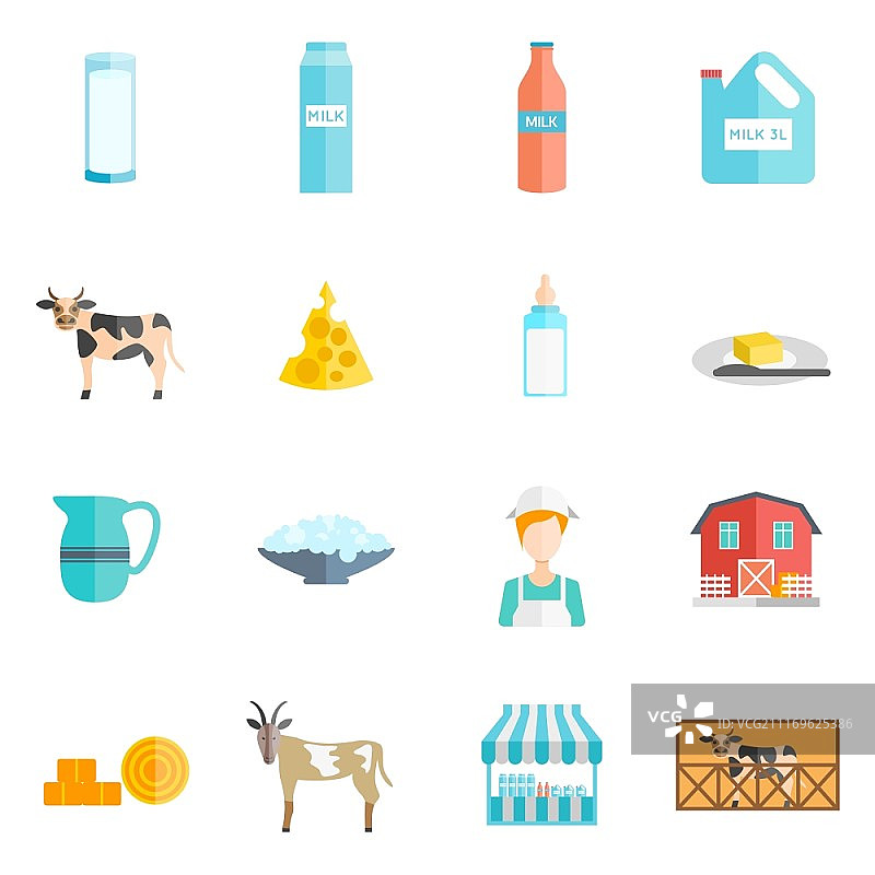 牛奶乳制品扁平图标集：生态农场乳制品在线图标，包含干酪抽象矢量插图图片素材