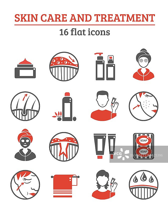 皮肤化妆品图标合集：包含面霜和精油的红黑皮肤化妆品和护理图标矢量插画图片素材