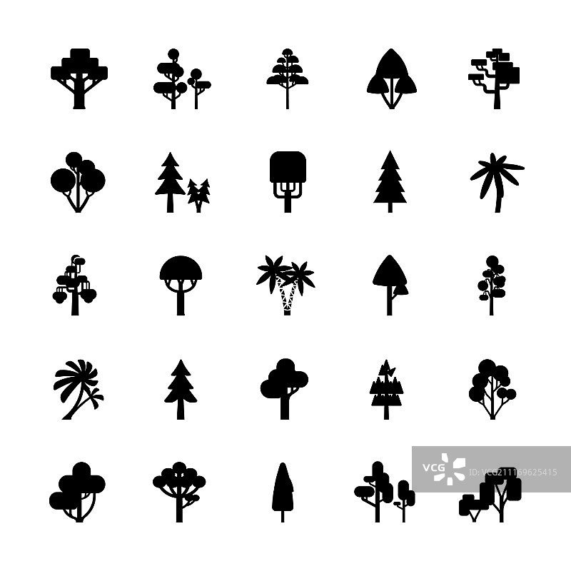 黑白树木合集：白色背景下的树木轮廓，包括落叶松、棕榈灌木扁平矢量图图片素材