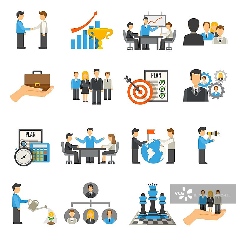 管理扁平图标集：商务人士在工作会议和研讨会上，独立矢量图。管理图标集图片素材