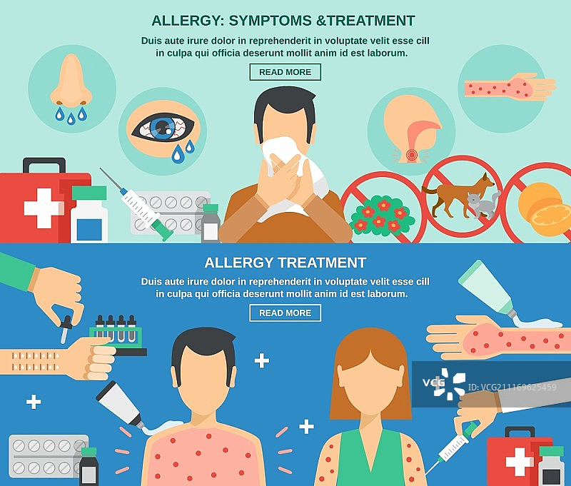 具有症状和治疗的过敏横幅集矢量图。图片素材