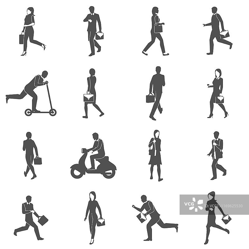 上班人物剪影：步行、滑板车和摩托车图片素材