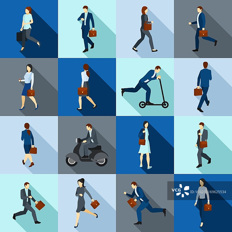 上班族图标集。人们步行和乘坐交通工具上班的彩色扁平长阴影图标矢量素材图片素材
