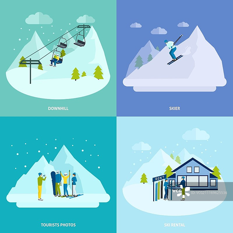 山区冬季运动设计理念，人们在山上滑雪和滑雪板租赁矢量素材图片素材
