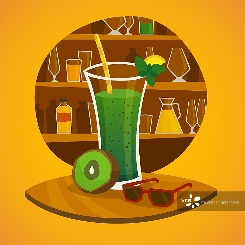果汁吧概念：猕猴桃汁与太阳镜矢量插画图片素材