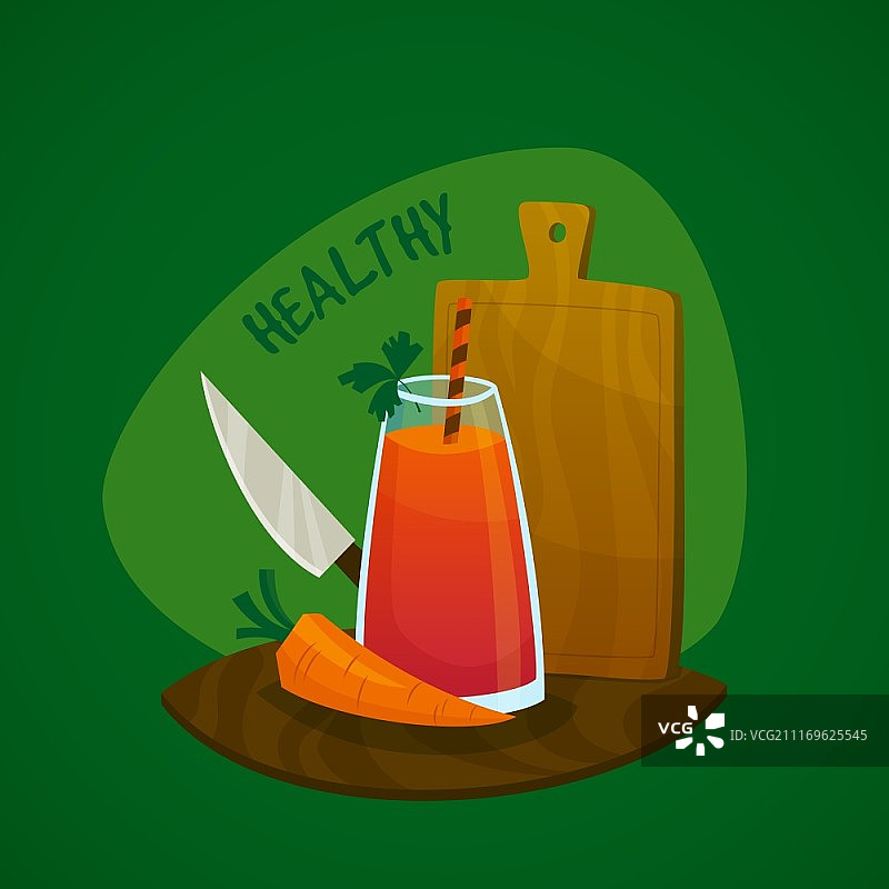 胡萝卜汁概念设计：一杯鲜榨胡萝卜汁、刀和砧板矢量插画图片素材