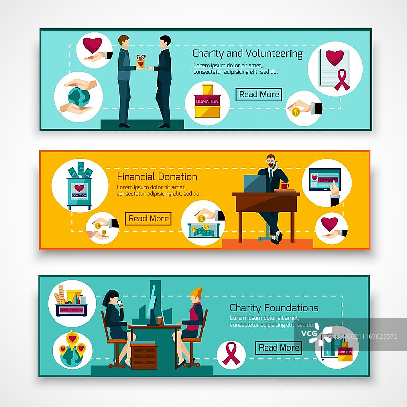 慈善基金会为食物、衣服和金钱进行志愿者捐赠，3个扁平横幅，抽象隔离矢量插图。慈善基金会3个扁平横幅图片素材