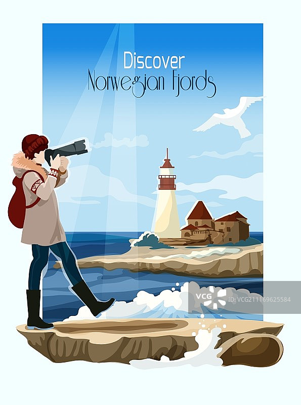 挪威峡湾海景灯塔背景矢量插画图片素材