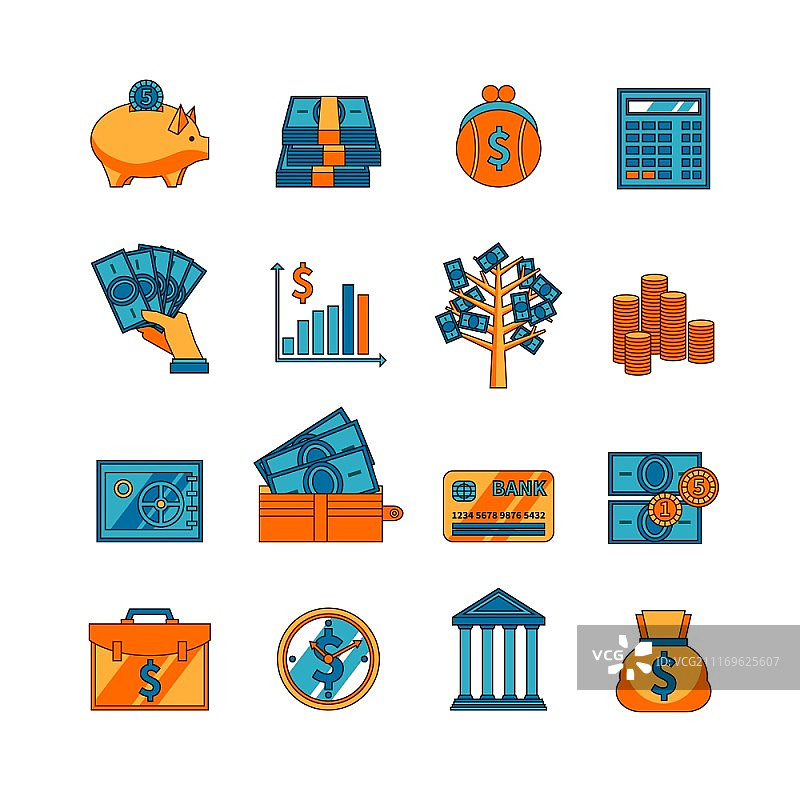 金融商业扁平化图标：电子与传统储蓄、存款和转账方式图片素材