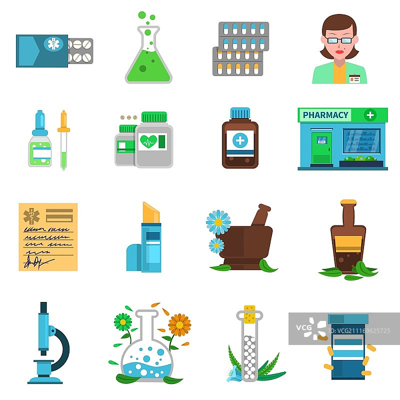 药房图标：包含医疗商店建筑和药品图片素材