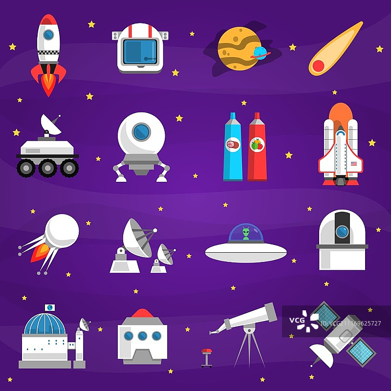 包含火箭月球站宇航员食物的太空图标图片素材