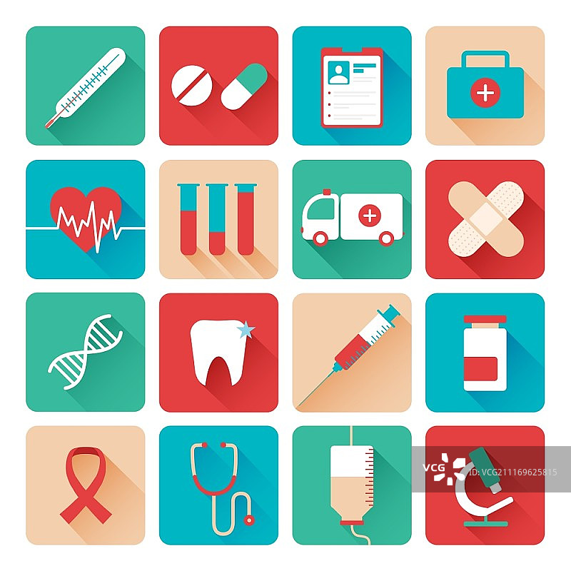 扁平医疗图标集：医疗实验室分析测试扁平图标集，包含显微镜和DNA分子阴影抽象隔离矢量图图片素材