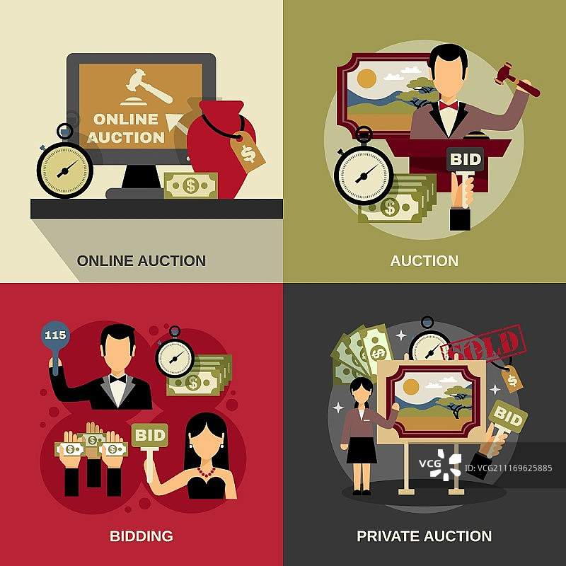 拍卖概念图标集：包含艺术品和竞标符号的扁平矢量图图片素材