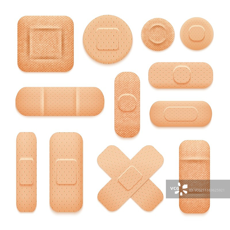 急救胶布套装。不同形状的急救贴片，如胶带、正方形和圆形，隔离矢量图图片素材