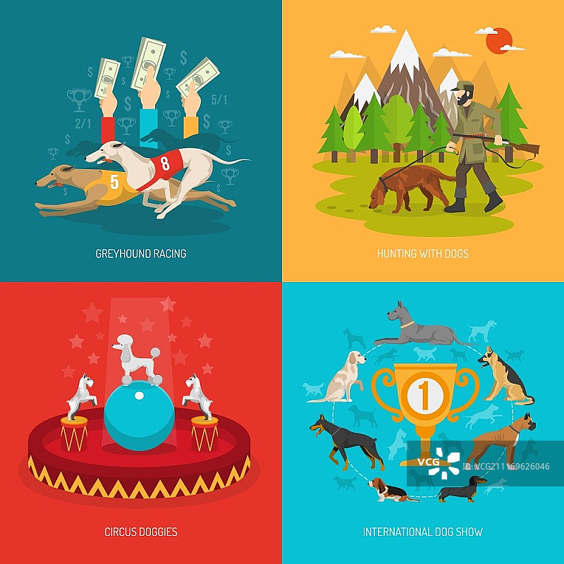 狗概念合集：包含马戏团、赛跑和狩猎动物的狗品种设计概念扁平图标矢量插画图片素材