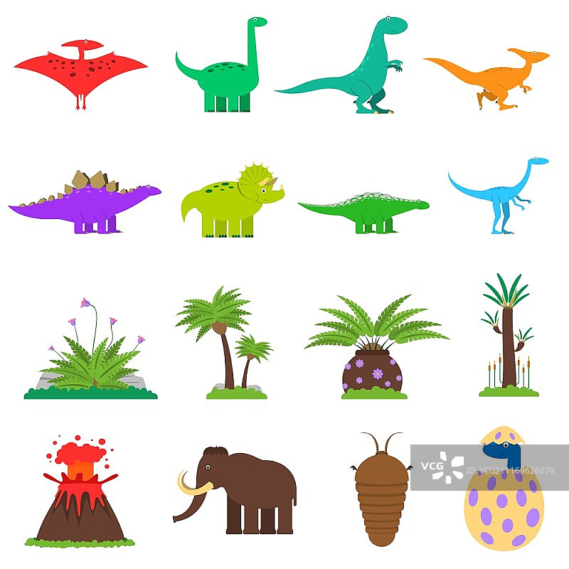 恐龙与史前植物扁平图标集矢量插画图片素材