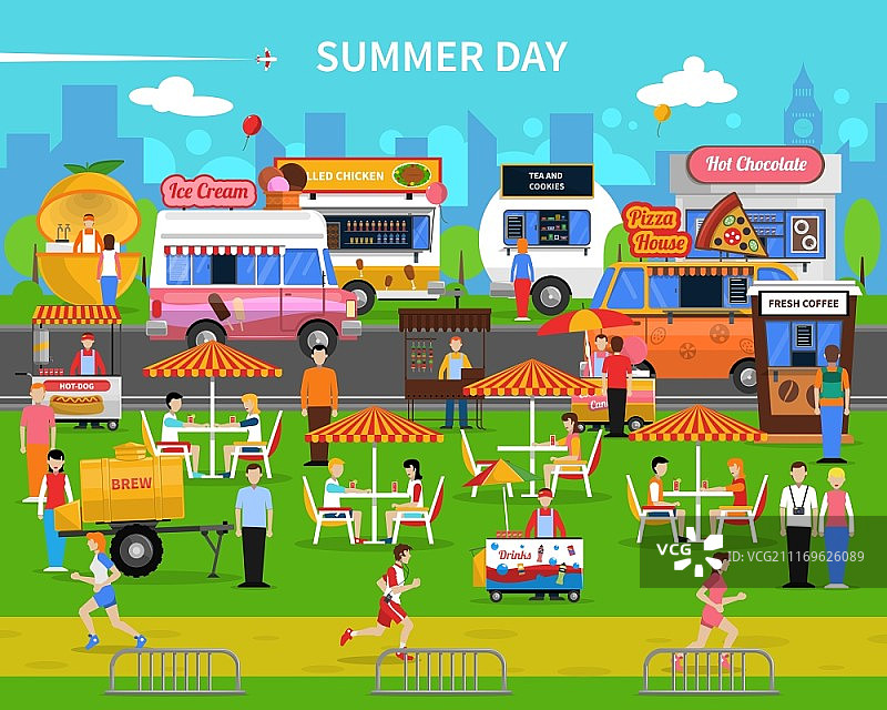 夏日街头小吃车公园背景扁平矢量插画图片素材
