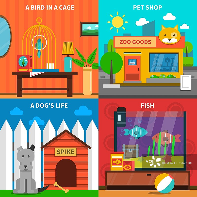 宠物设计概念集，包含鸟类和鱼类扁平图标，独立矢量图。宠物概念集图片素材