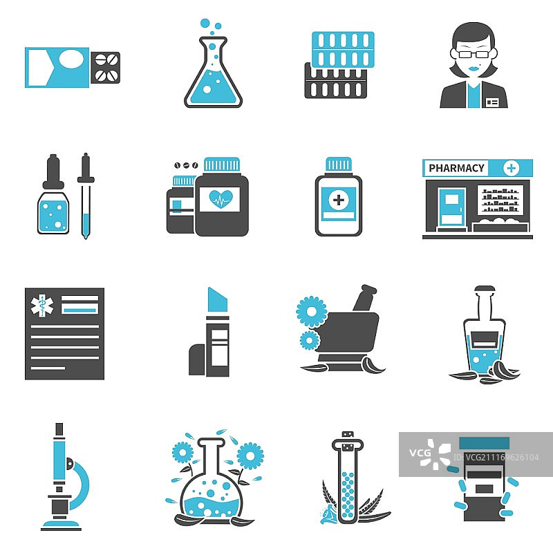 药房和药剂师黑蓝图标集矢量图：药房图标集图片素材