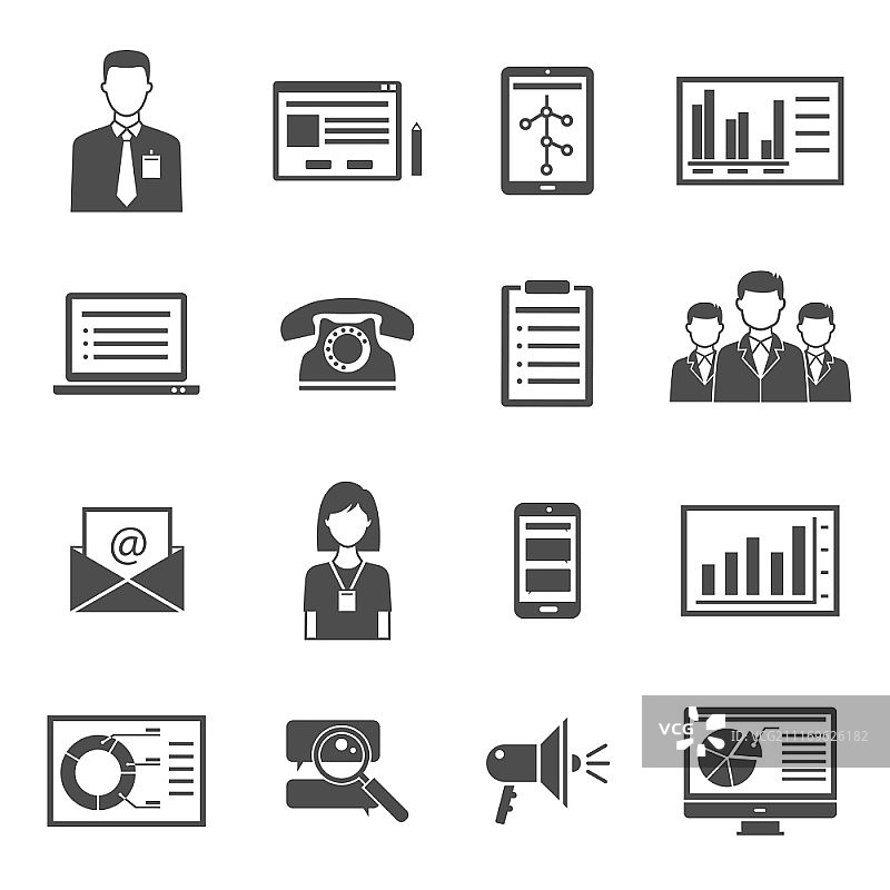 营销黑色图标集合。用于博客网站设计的白色背景营销黑色图标矢量图图片素材