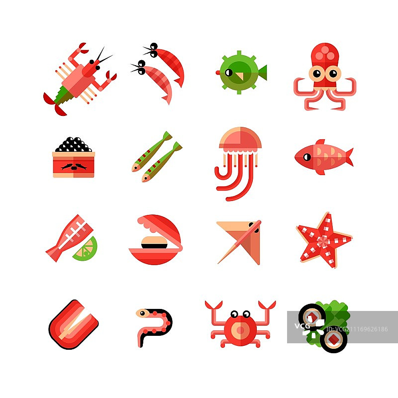 海鲜隔离图标合集：章鱼、虾、寿司、海星和鱼子酱卡通风格矢量图图片素材