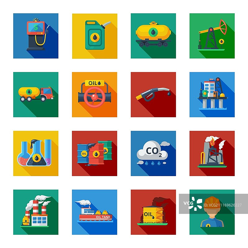 石油工业扁平图标集：具有长阴影效果的石油工业扁平图标集矢量图图片素材