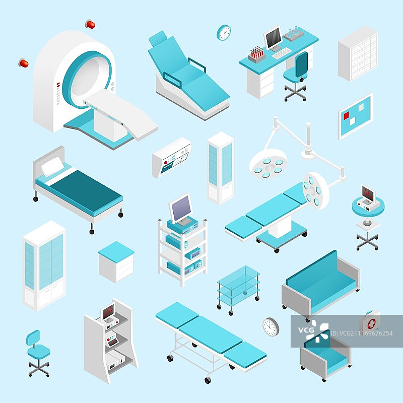 医院等距视角素材：医院设备和家具等距图标矢量素材图片素材