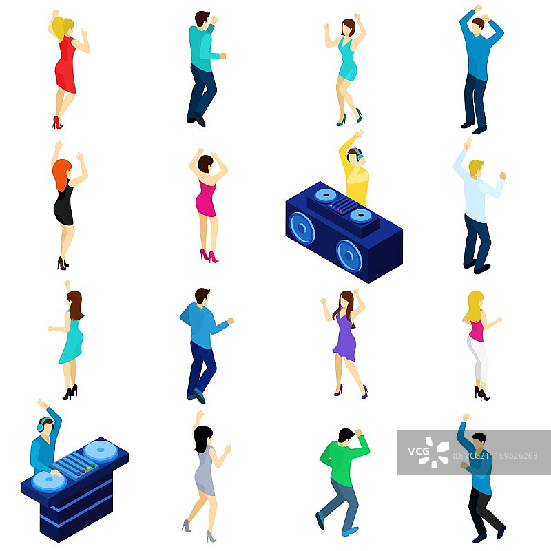 跳舞的人和迪斯科DJ 2.5D矢量素材图片素材