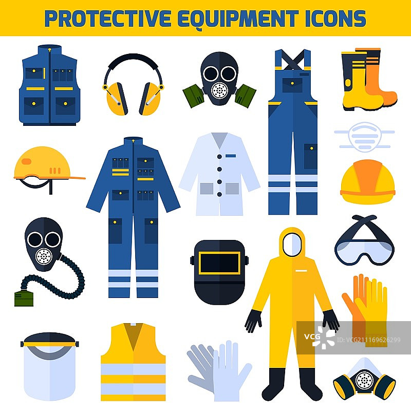 防护服设备扁平图标集。医疗专业人员和建筑工人使用的呼吸防护设备扁平图标集抽象隔离矢量图图片素材