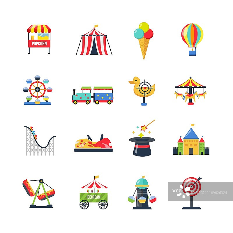 扁平风格游乐园图标：含过山车、马戏团帐篷、摩天轮和飞艇等矢量图图片素材