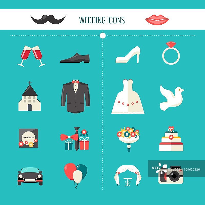 彩色婚礼装饰图标矢量图图片素材