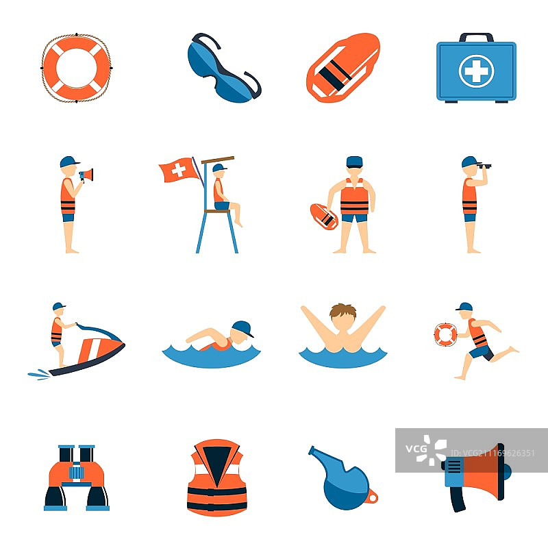 救生员图标集：包含水上安全设备符号的救生员图标扁平矢量图图片素材