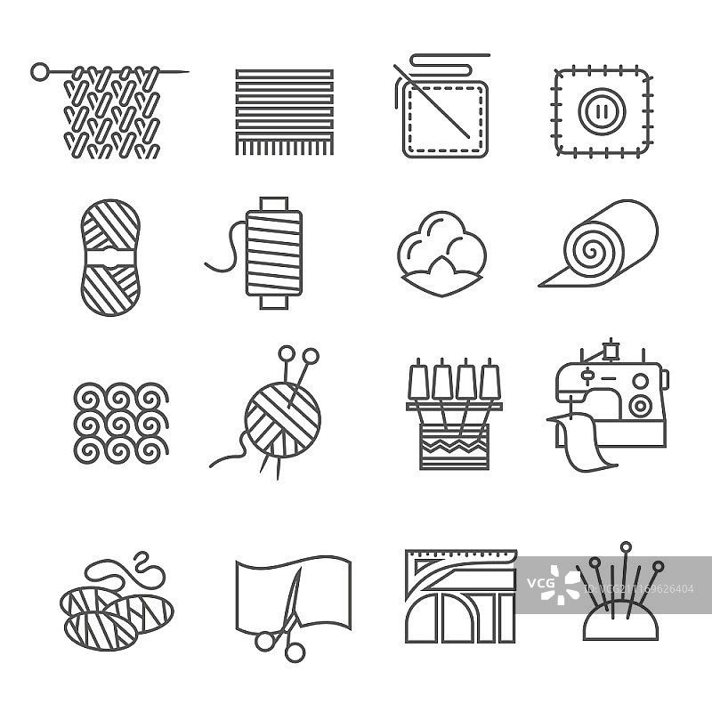 纺织工业图标集：包含布料和织物样本的纺织工业轮廓图标矢量图图片素材
