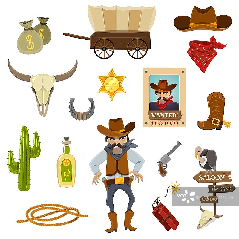 牛仔图标合集：包含炸药、骷髅和马蹄铁的牛仔图标卡通矢量插图图片素材