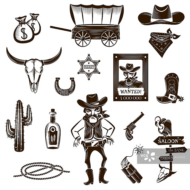 牛仔黑白图标集：具有狂野西部符号的牛仔黑白图标集平面隔离矢量图图片素材