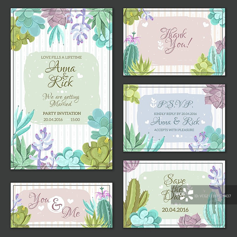 仙人掌婚礼卡片套装矢量插画图片素材