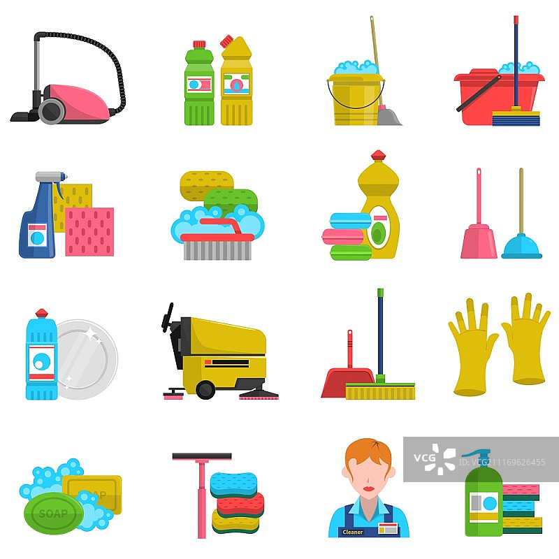清洁图标集：包含拖把、肥皂和手套的扁平清洁图标矢量素材图片素材