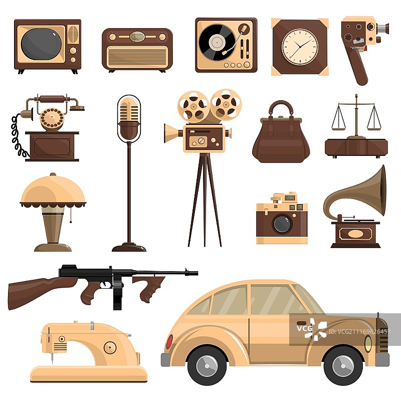 复古物品合集：汽车、麦克风和相机扁平风矢量插画图片素材