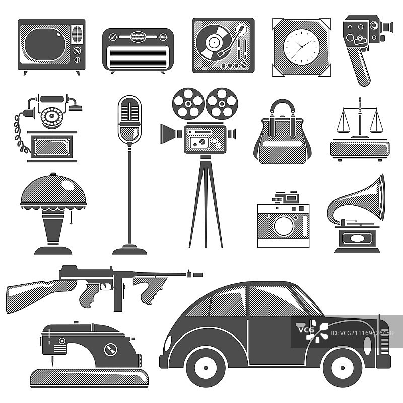 复古黑白物品套装：相机、摄像机矢量插画图片素材