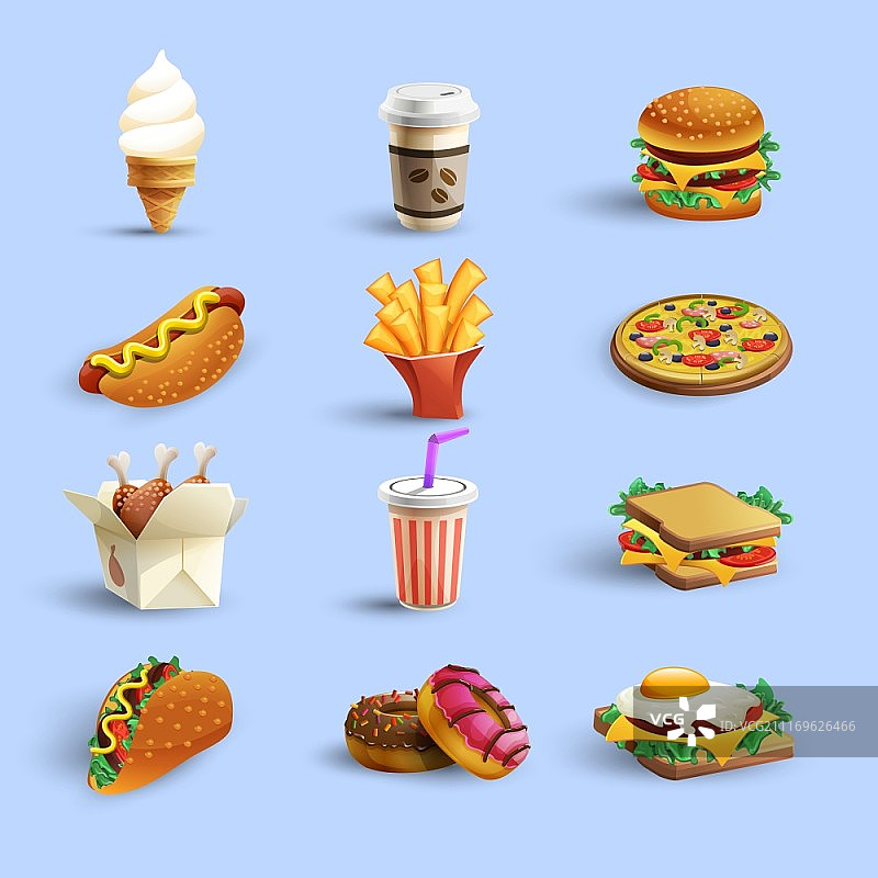 快餐图标卡通集。快餐店菜单图标集合，包含甜甜圈、热狗、咖啡和芝士汉堡抽象颜色隔离矢量插图图片素材