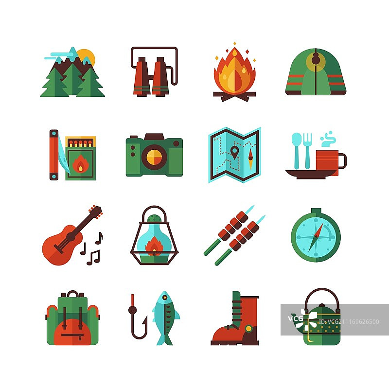 露营徒步扁平图标套装：包含地图、指南针和背包等配件矢量图图片素材