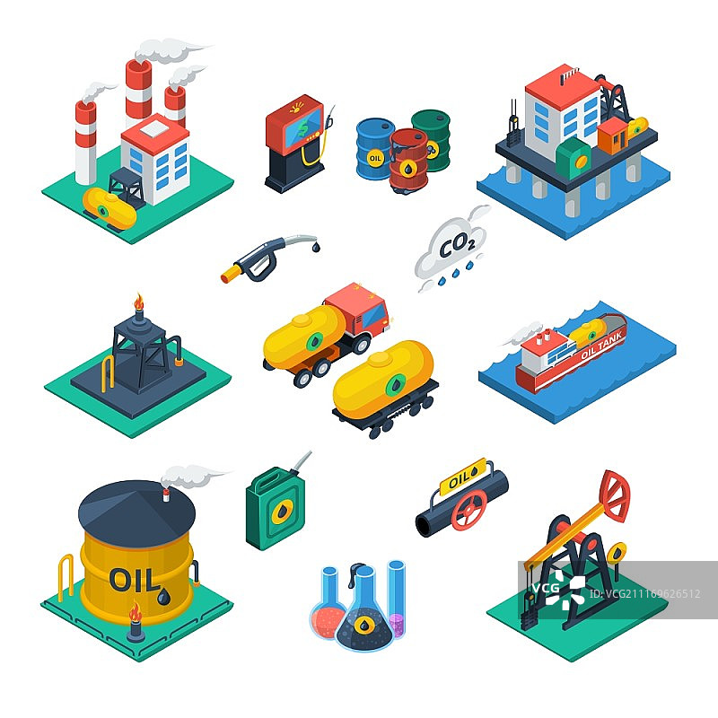 石油工业等距图标集：石油生产和分配工业设施等距图标集合，包含炼油厂储罐抽象矢量图图片素材