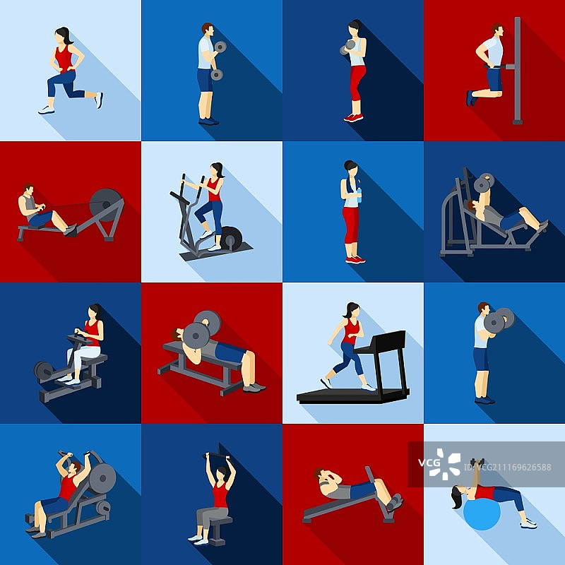 健身房人物锻炼扁平阴影图标矢量素材图片素材